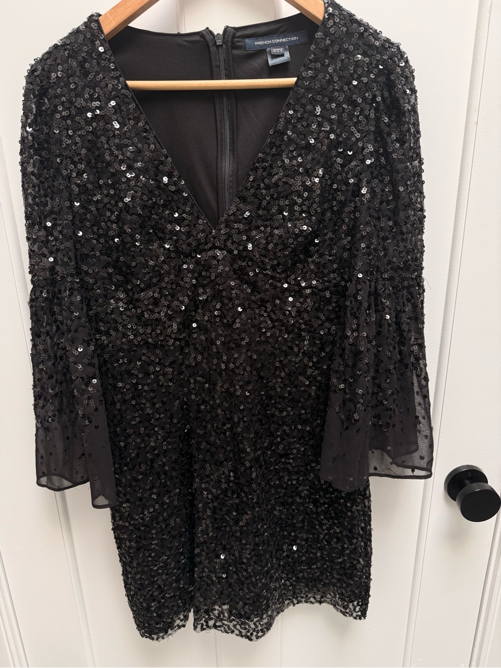 French Connection Black Sequin V-Neck Mini Dress